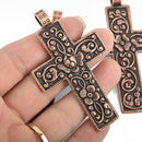 1 Large CROSS Charm Pendant COPPER floral design, 3" long, chs4960