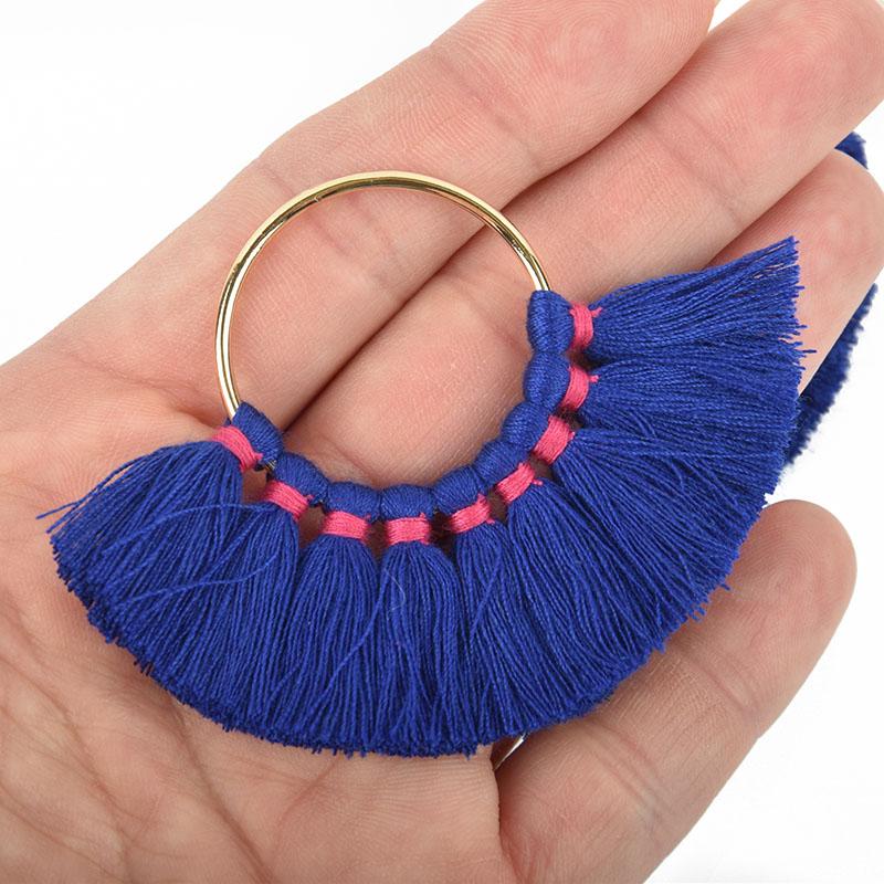 2 Large Fan Tassel Charms Gold CIRCLE Ring with BLUE and PINK Fringe 80x57mm chs4966