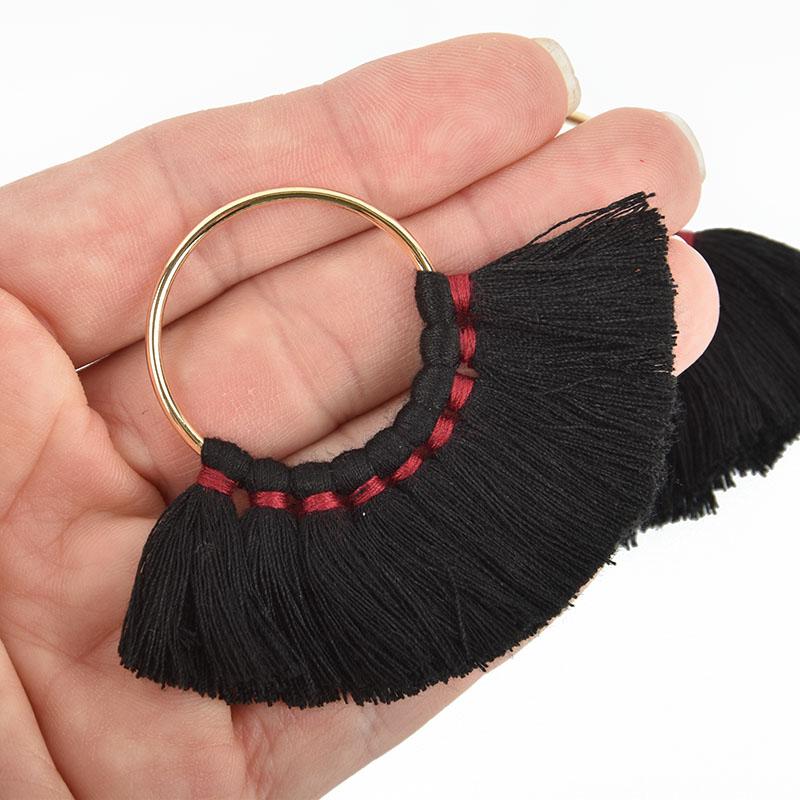 2 Large Fan Tassel Charms Gold CIRCLE Ring with BLACK Fringe 80x57mm chs4967