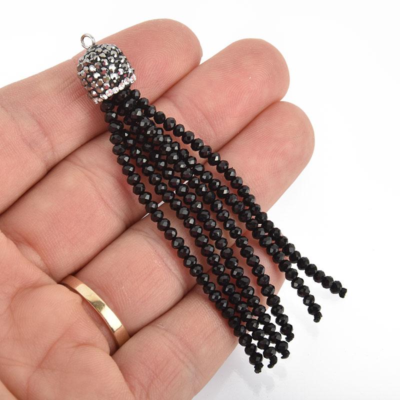 BLACK Tassel Charm CRYSTAL Bead Pendant, Tassel Necklace Enhancer, Pave Rhinestone 3" long, chs5029