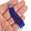 DARK BLUE Tassel Charm CRYSTAL Bead Pendant, Tassel Necklace Enhancer, Pave Rhinestone 3" long, chs5030