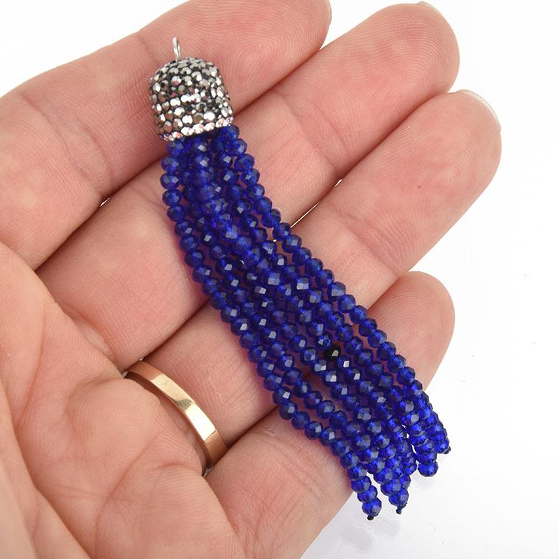 DARK BLUE Tassel Charm CRYSTAL Bead Pendant, Tassel Necklace Enhancer, Pave Rhinestone 3" long, chs5030