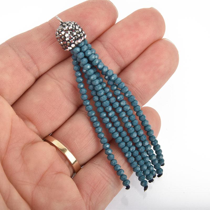 TEAL BLUE Tassel Charm CRYSTAL Bead Pendant, Tassel Necklace Enhancer, Pave Rhinestone 3" long, chs5037