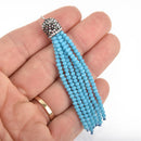 TURQUOISE BLUE Tassel Charm CRYSTAL Bead Pendant, Tassel Necklace Enhancer, Pave Rhinestone 3" long, chs5040