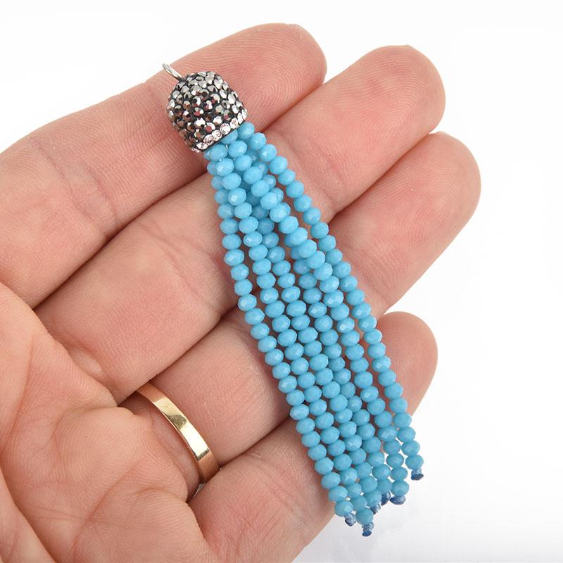 TURQUOISE BLUE Tassel Charm CRYSTAL Bead Pendant, Tassel Necklace Enhancer, Pave Rhinestone 3" long, chs5040