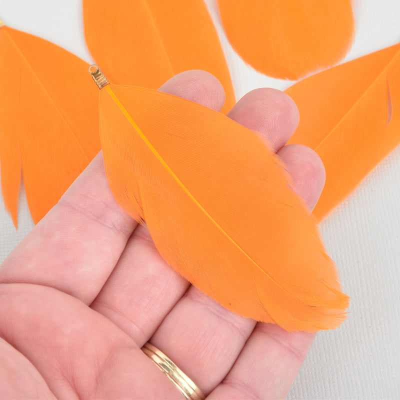 20 ORANGE Real Feather Charms Goose feathers with gold bail 2.5" to 3" long, chs5275