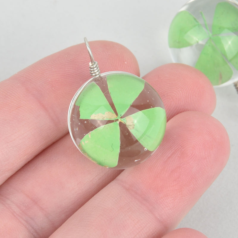 2 glass SHAMROCK globe charms GREEN Four Leaf Clover real flowers 20mm chs5284