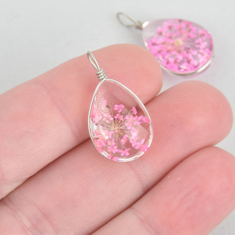 2 Glass Dried Flower Charms PINK real flowers Oval chs5285