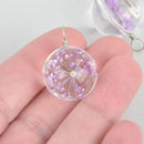 2 Glass Dried Flower Globe charms PURPLE real flowers 20mm chs5288