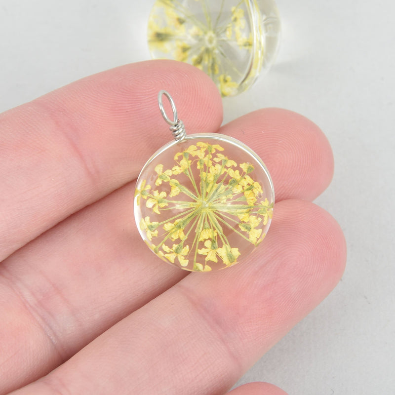 2 Glass Dried Flower Globe charms YELLOW real flowers 20mm chs5289