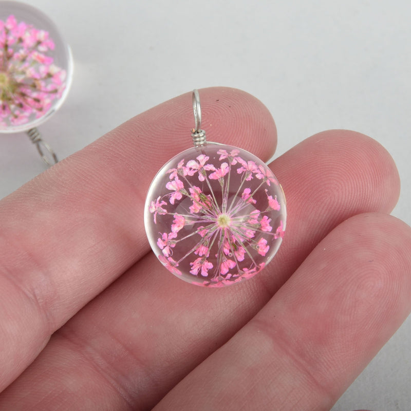 2 Glass Dried Flower Globe charms PINK real flowers 20mm chs5290