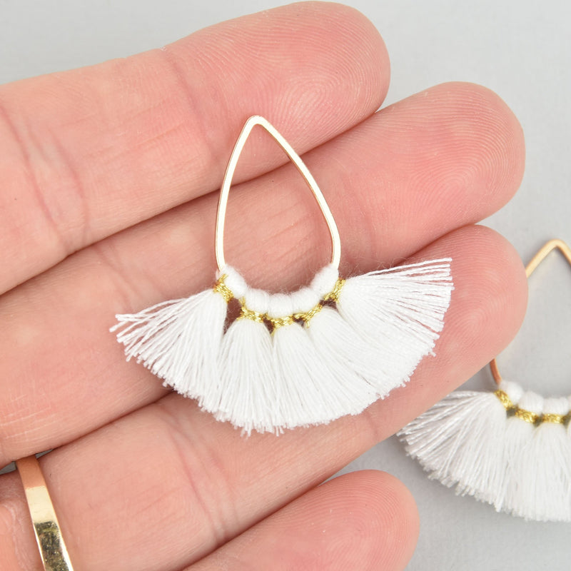 5 Fan Tassel Charms WHITE Fringe with Gold Plated Teardrop 1.5" long chs5347