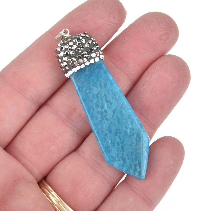 1 BLUE AGATE Gemstone Stick Pendant, Pave crystals 2.25" chs5395