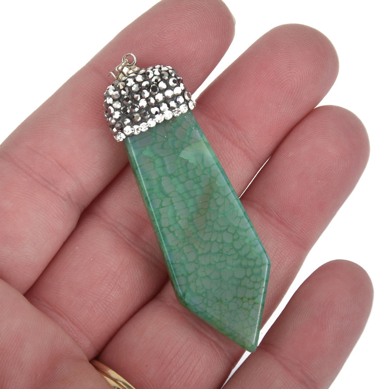 1 GREEN AGATE Gemstone Stick Pendant, Pave crystals 2.25" chs5396