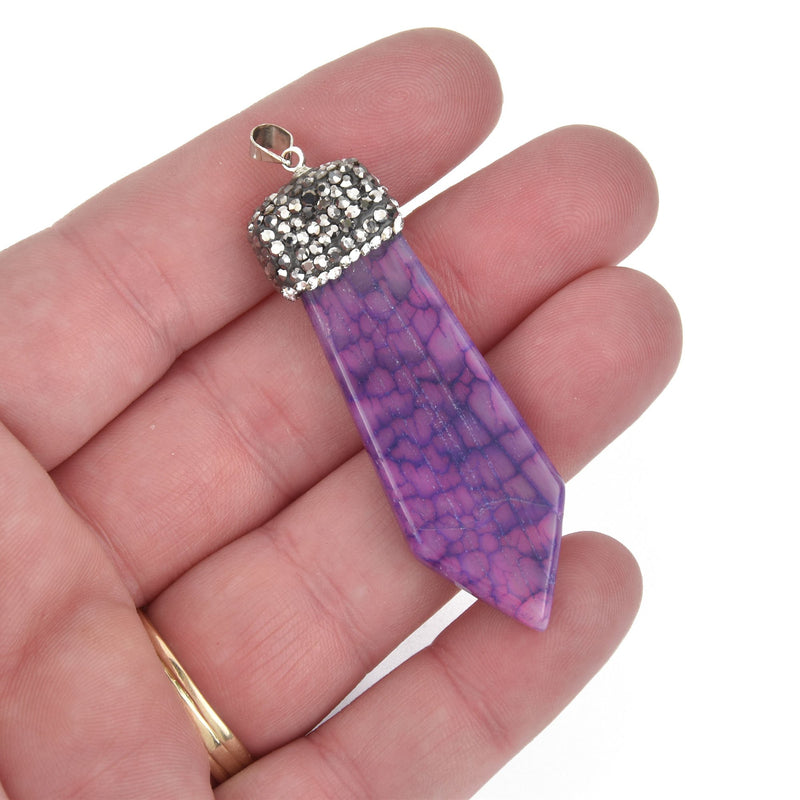 1 PURPLE AGATE Gemstone Stick Pendant, Pave crystals 2.25" chs5397