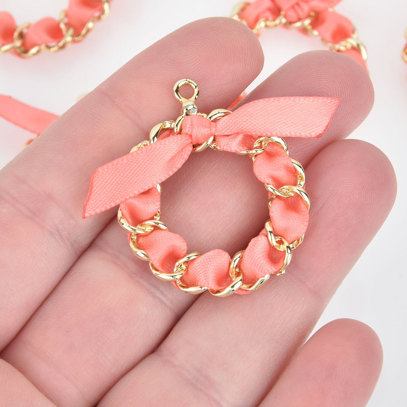5 CORAL PINK Ribbon Bow Charms with Gold Plated Circle Ring, 1-3/8" chs5416