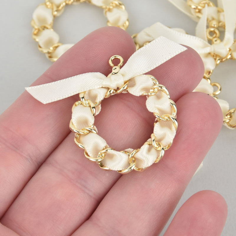 5 WHITE CREAM Ribbon Bow Charms with Gold Plated Circle Ring, 1-3/8" chs5417