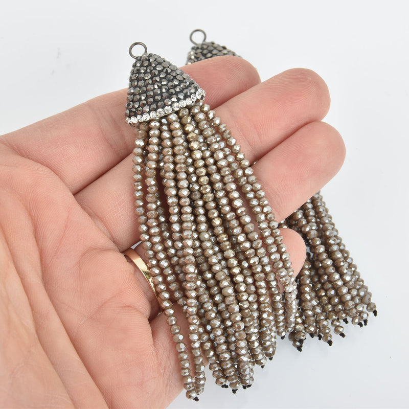 MUSHROOM TAUPE CRYSTAL Tassel Pendant, Micro Pave Tassel Necklace Enhancer, Glass Beads, Rhinestone Bail, about 4" long, chs5423