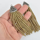 Matte MUSHROOM TAUPE CRYSTAL Tassel Pendant, Micro Pave Tassel Necklace Enhancer, Glass Beads, Rhinestone Bail, about 4" long, chs5425