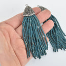 Matte TEAL BLUE CRYSTAL Tassel Pendant, Micro Pave Tassel Necklace Enhancer, Glass Beads, Rhinestone Bail, about 4" long, chs5426