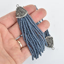 Matte DENIM BLUE CRYSTAL Tassel Pendant, Micro Pave Tassel Necklace Enhancer, Glass Beads, Rhinestone Bail, about 4" long, chs5429
