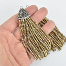 GOLD METALLIC CRYSTAL Tassel Pendant, Micro Pave Tassel Necklace Enhancer, Glass Beads, Rhinestone Bail, about 4" long, chs5432