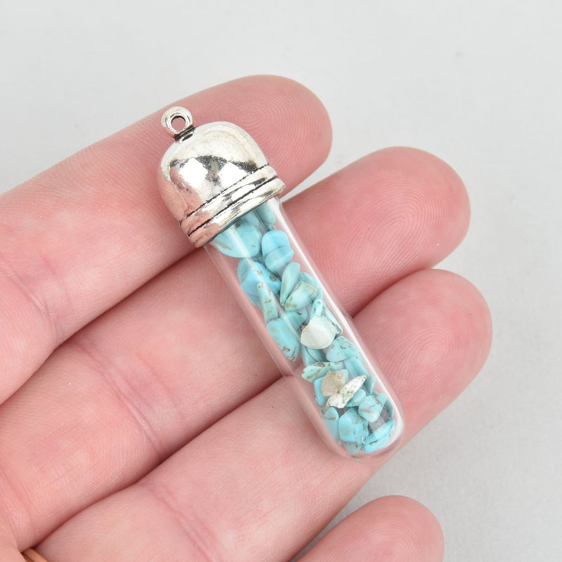 2 Natural Turquoise Pendant Charms Glass Vial Amulet 1-7/8" chs5438
