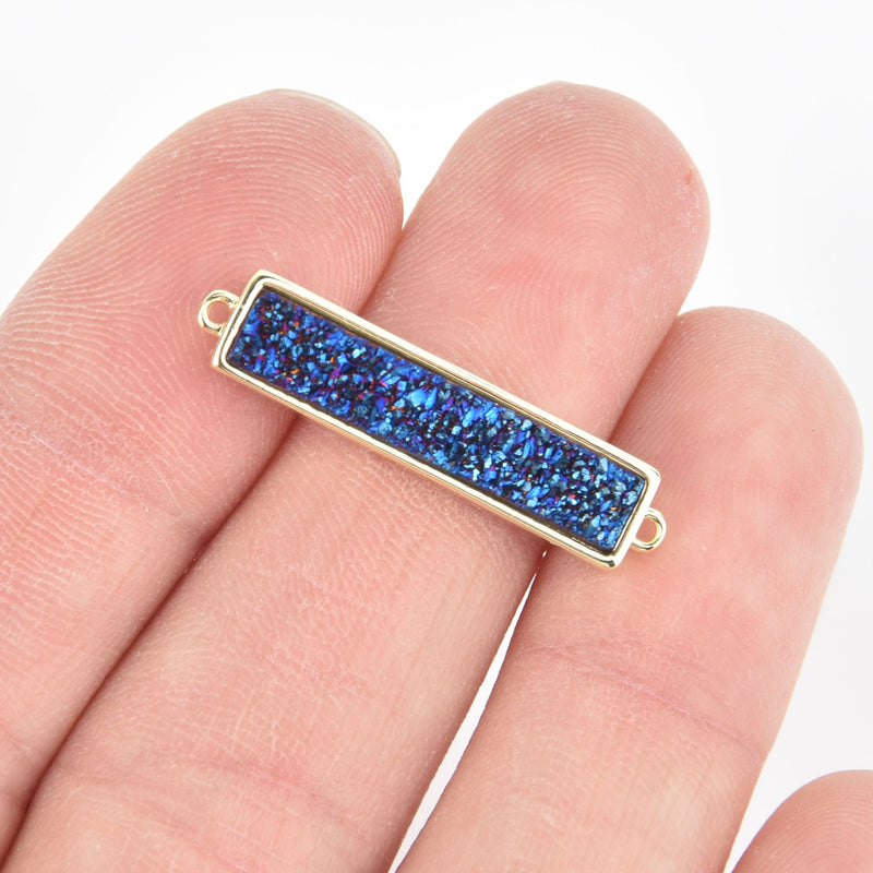 1 BLUE IRIS Druzy Bar Charm, Gemstone gold rectangle connector link, end loops, 1.25" chs5565