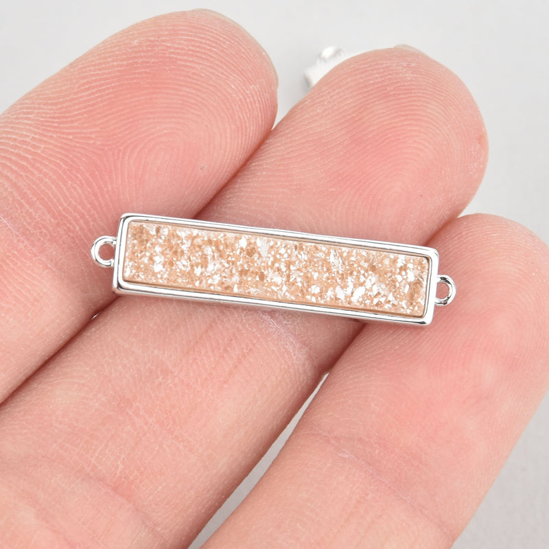 1 CHAMPAGNE Druzy Bar Charm, Gemstone silver rectangle connector link, end loops, 1.25" chs5576