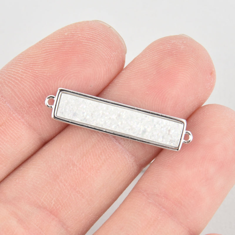 1 WHITE AB Druzy Bar Charm, Gemstone silver rectangle connector link, end loops, 1.25" chs5582