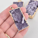 PURPLE Druzy Rectangle Pendant Gemstone Gold Bezel 2" chs5584