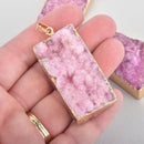 PINK Druzy Rectangle Pendant Gemstone Gold Bezel 2" chs5586