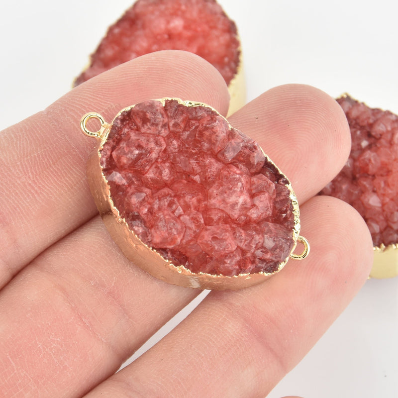 ROSE PINK DRUZY Gemstone Charms Connector Links, raw druzy, Round Gold Plated Bezel, 1.5" chs5933
