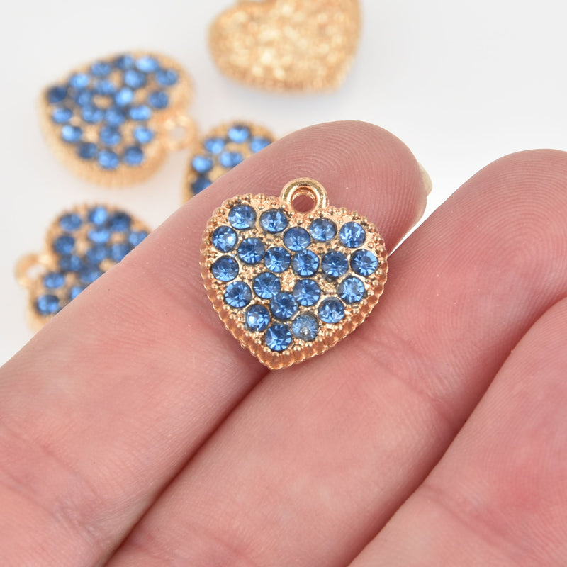 2 Blue Rhinestone Heart Charms, gold plated, 17mm, chs6333