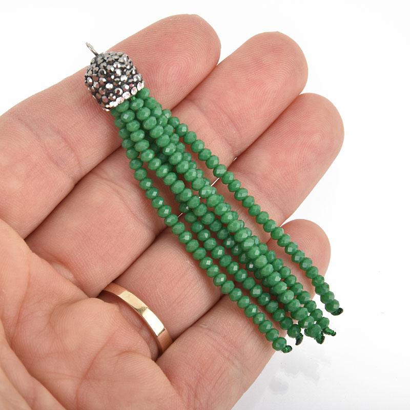 EMERALD GREEN Tassel Charm CRYSTAL Bead Pendant, Tassel Necklace Enhancer, Pave Rhinestone 3" long, chs5034