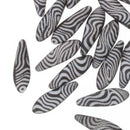 16mm Dagger Czech Glass Beads, Black White Zebra Contour Etched, top drilled, 25 beads, bsd1010