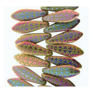 16mm Dagger Czech Glass Beads, Wasabi Opaque Rye Etched, top drilled, 25 beads, bsd1012