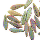 16mm Dagger Czech Glass Beads, Wasabi Opaque Rye Etched, top drilled, 25 beads, bsd1012