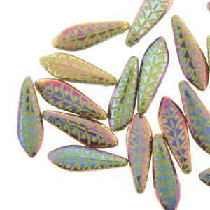16mm Dagger Czech Glass Beads, Wasabi Opaque Rye Etched, top drilled, 25 beads, bsd1012