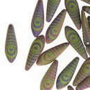 16mm Dagger Czech Glass Beads, Wasabi Opaque Matte Eye Etched, top drilled, 25 beads, bsd1011