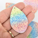 10 PASTEL RAINBOW Faux Leather Teardrops GLITTER Charm Vegan, 2-1/4" long chs5147