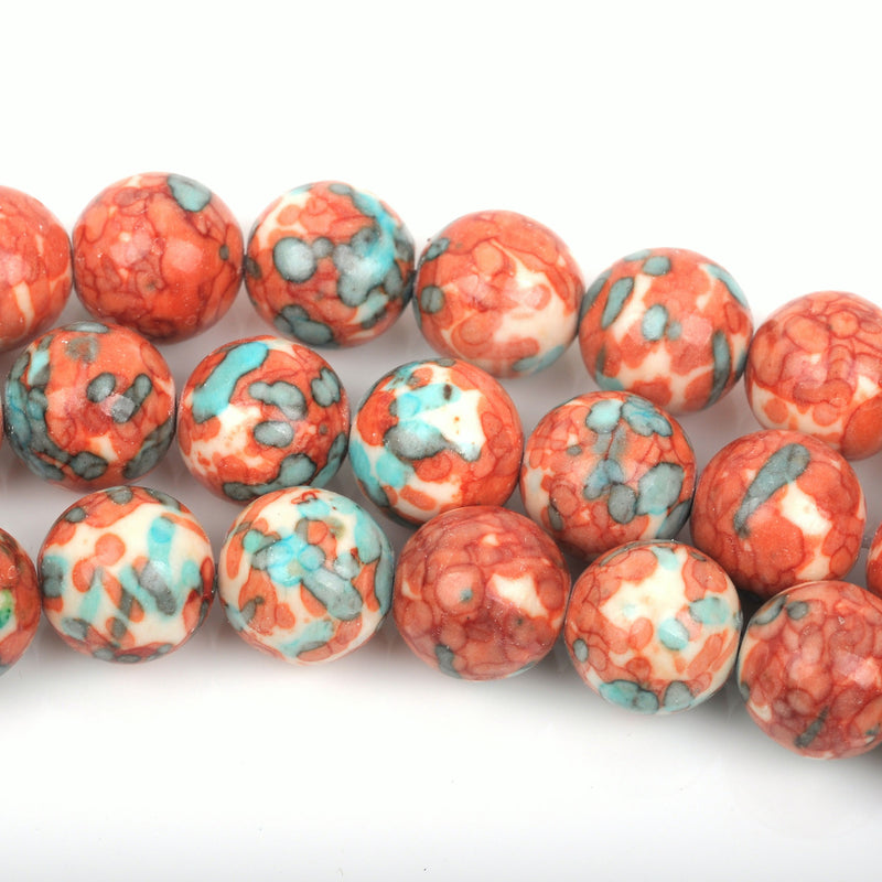 6mm MOSAIC HOWLITE Round Beads,  turquoise blue, dark orange, white, full strand, about 63 beads, how0496