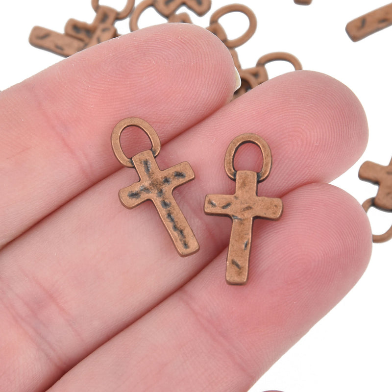 10 Copper Cross Charms, Rustic Hammered Metal Cross, 20mm chs5208