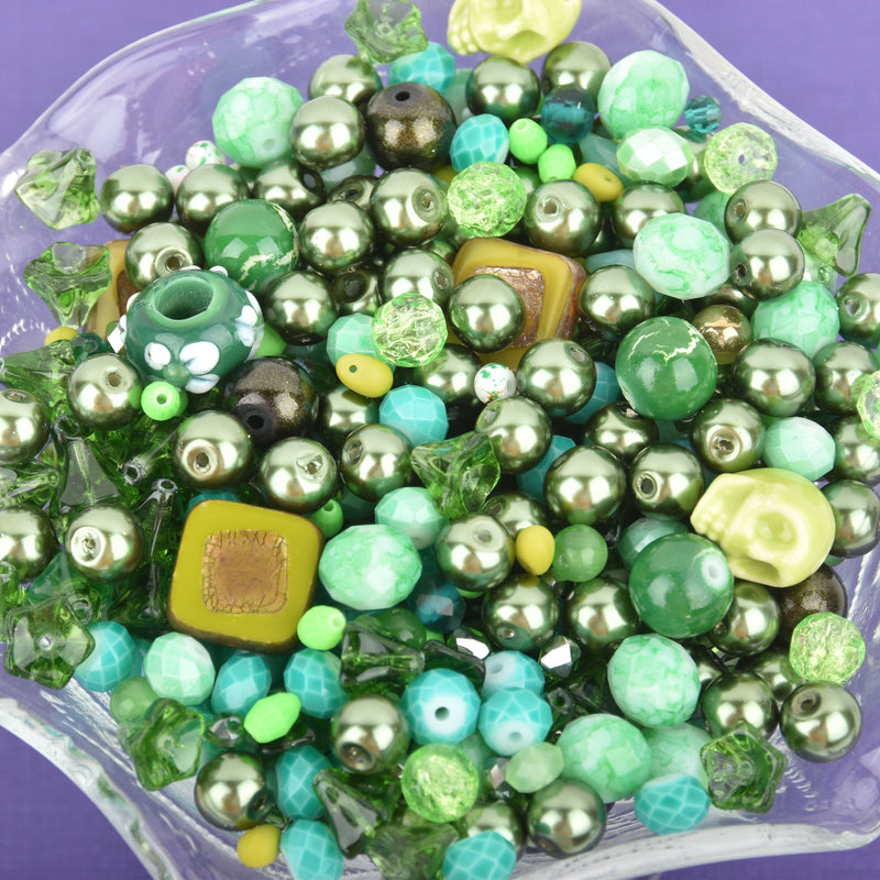 GRASS GREEN Glass Bead Soup Mix, Crystal, crackle glass, lampwork, crystals, pearls 3" x 4" bag bgl0249