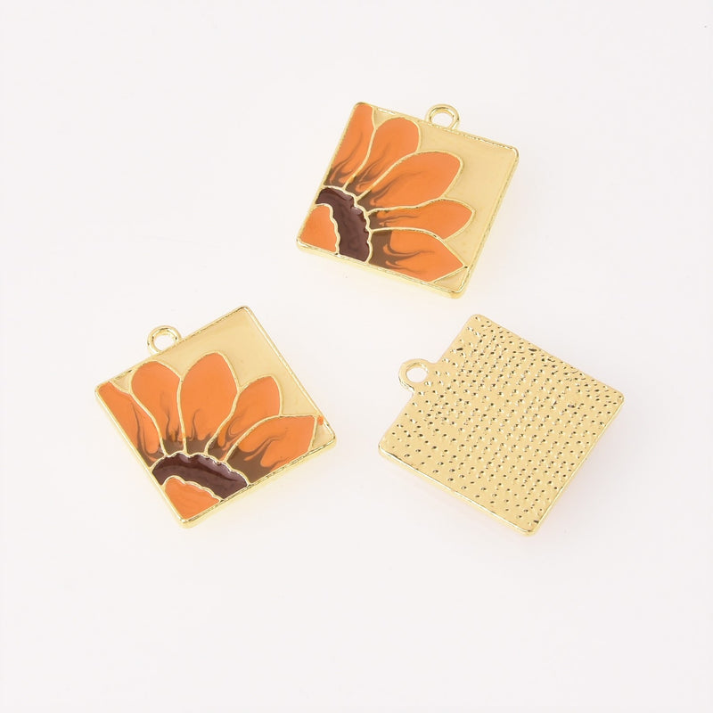 2 Yellow Sunflower Square Charms, Gold Plated Enamel, chs8054