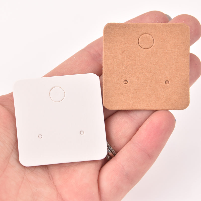 100 White or Kraft Stud Post Earring Display Cards, 1.5" rounded square