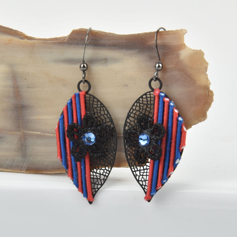 Black Leaf Earrings Filigree Earrings BLUE and RED Sterling Silver Jlr0216