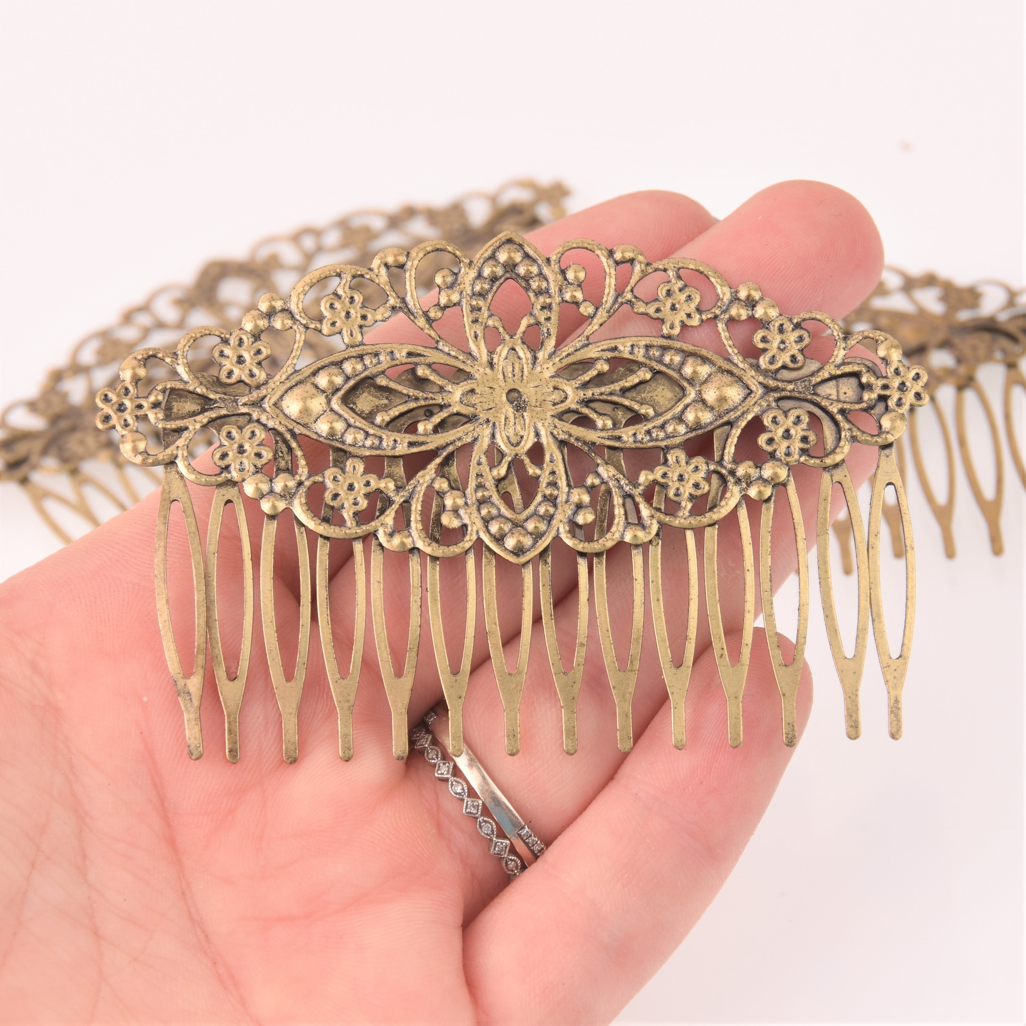 5 Bronze Hair Comb Blanks, 3" Filigree hair barrette blanks, hat fasci