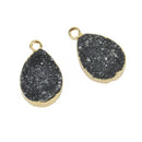 2 BLACK Druzy Quartz Charms TEARDROP Gold Brass 20x12mm chs5103