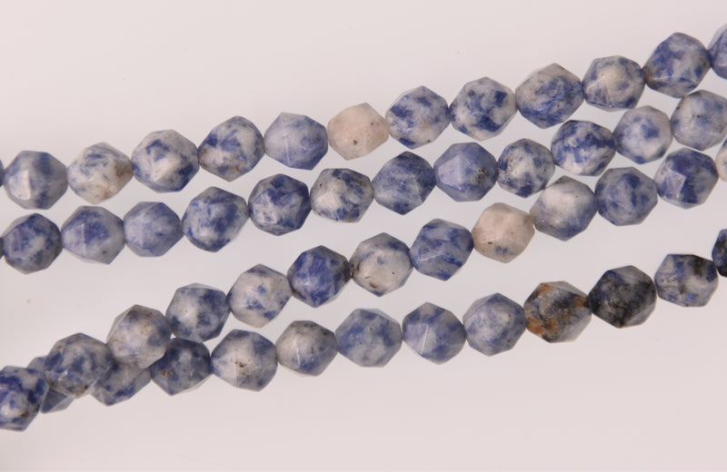 Blue Spot Jasper Half Strand, 8mm Star Cut Round Gemstone Beads, 8" long gem0847